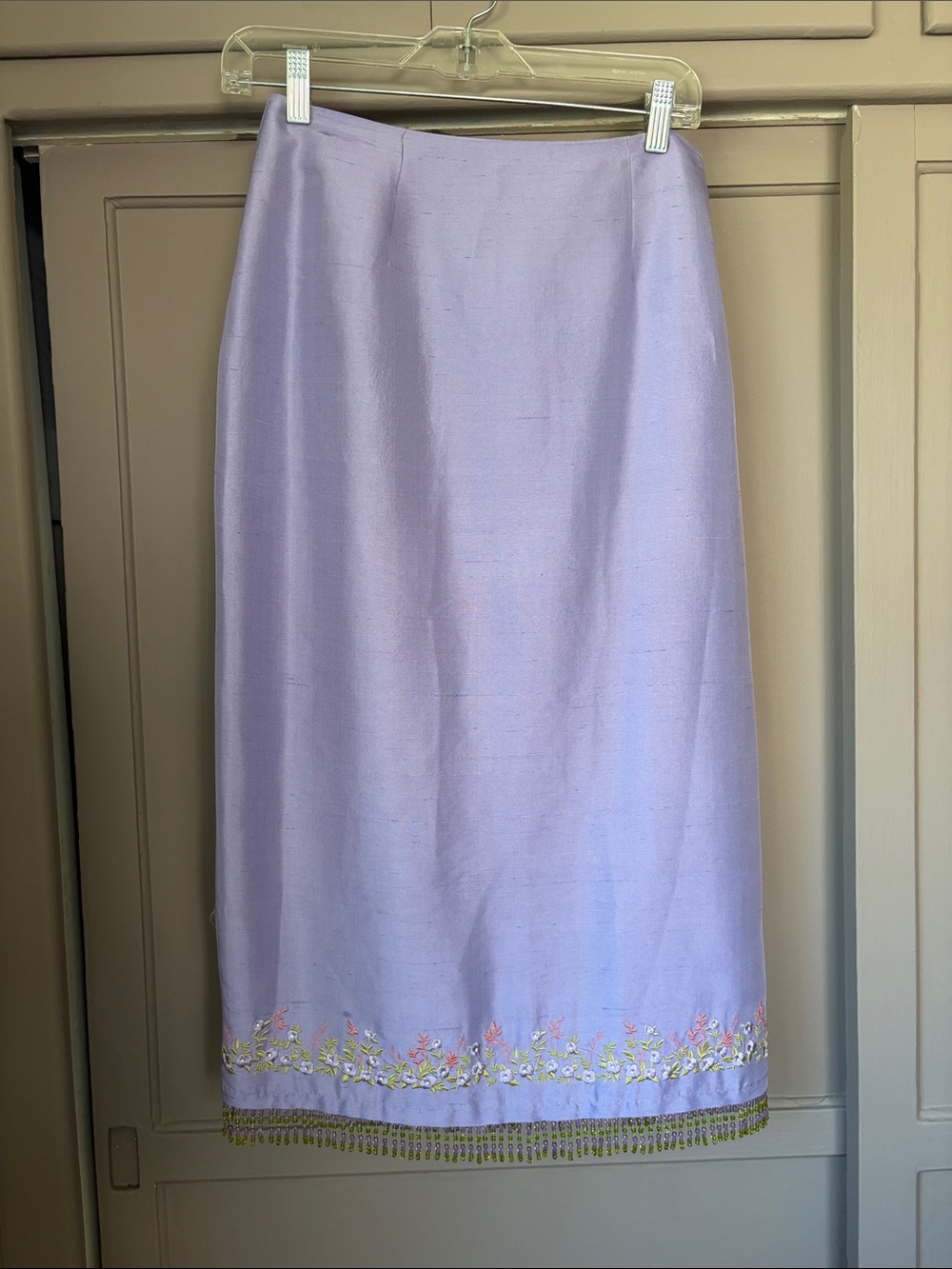 Vintage Y2K Clio Silk Skirt with beaded fringe and embroidered hem
